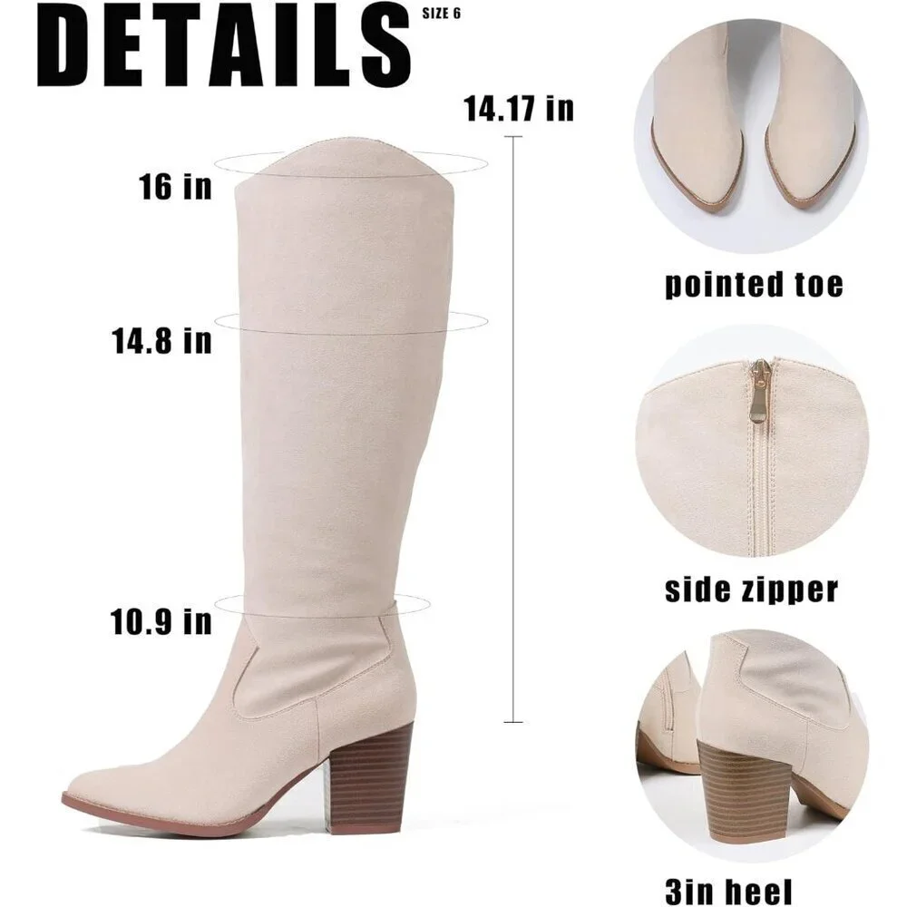 Womens Suede Beige Side Zipper Knee High Pointed Toe Chunky Heel Tall Boots